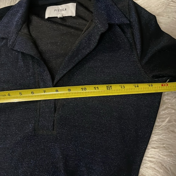 PISTOLA Vita Polo Dress Navy Shimmer Midi Short Sleeve Side Gather, Slits Sz S - Picture 10 of 15